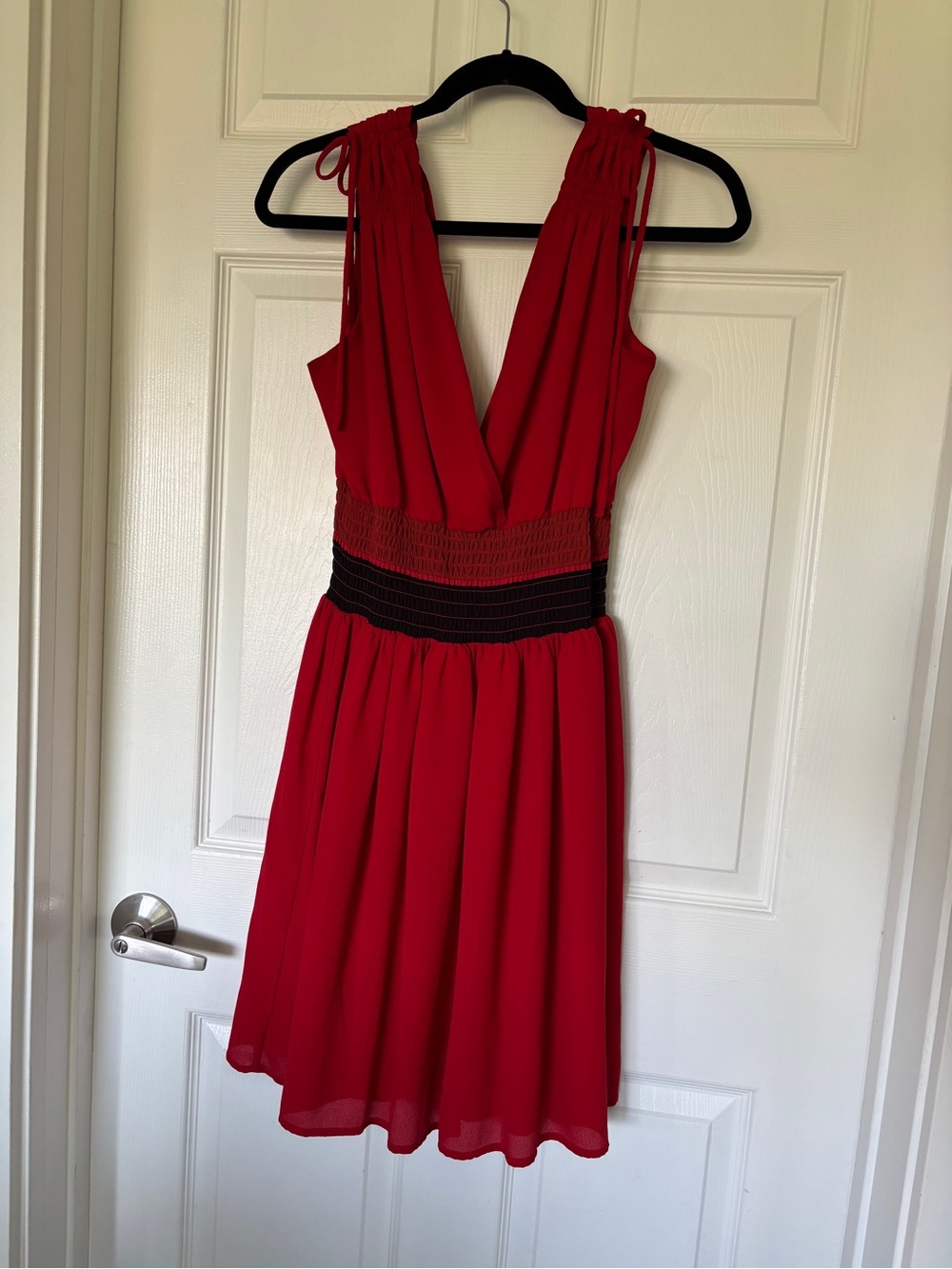 Red V-Neck Sleeveless Dress with Smocked Waist